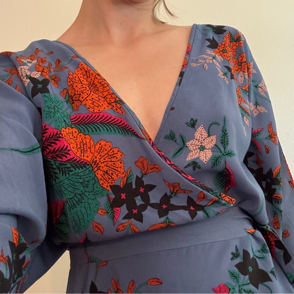 Diane Von Furstenberg Blue Wrap Silk Dress with Bishop Sleeves
